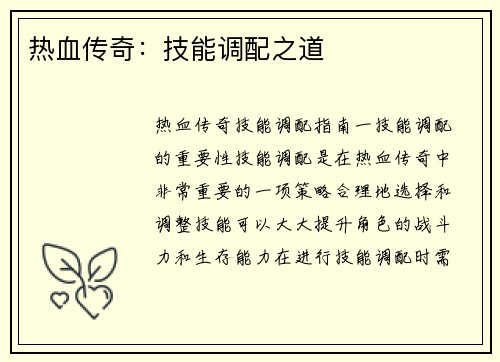 热血传奇：技能调配之道